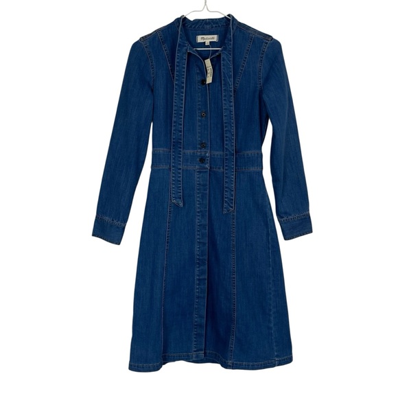 NWT Madewell Denim Tie-Neck Button Front Midi Shirt Dress Long Sleeve Size 00 - Picture 2 of 13